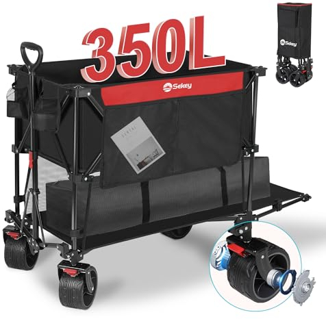 Sekey XXXXL Bollerwagen Faltbar 350L mit Extra Breite Reifen 17x10cm, Faltbarer Bollerwagen Strandwagen Transportwagen Zusammenfaltbar aus 4 Richtungen, 4XL-Doppel 4021, Rot mit Schwarz