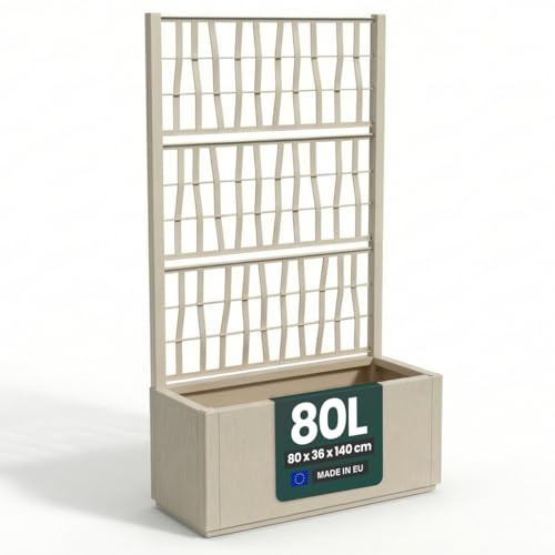 Kreher XL Rankgitter Kunststoff (Spalier mit Pflanzkasten, Beige) | Rankhilfe für Kletterpflanzen, 80 x 36 x 140 cm, UV-, witterungs- und frostbeständig, für Garten, Terrasse und Balkon