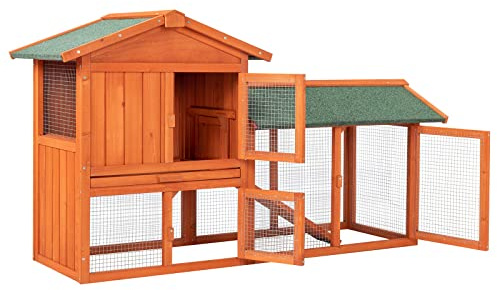 TactFire Kaninchenstall, Hühnerstall aus Holz mit Legenest und Sitzstange für 2 Hühnerstall, 53 x 17 x 24/34 Zoll, mit einem Wasserdichten Dach und verschließbarer Tür (L156 x B52 x H68 cm)