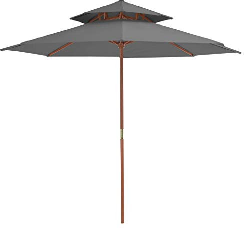 Mengtu Ombrellone con doppio tetto e asta in legno, ombrellone da giardino, balcone, terrazza, spiaggia, mercato, protezione dai raggi UV, spiaggia, 270 cm, antracite