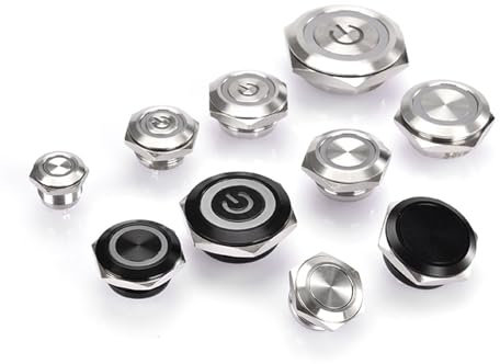 NZNGUSHA Druckknopfschalter, Licht-Reset-Taste, ultradünn, rund, Edelstahl, Schwarz, 12/16/19/22 mm, 1 Stück (Color : YELLOW-POWER, Size : 19MM_SILVER CASE_12-24V)