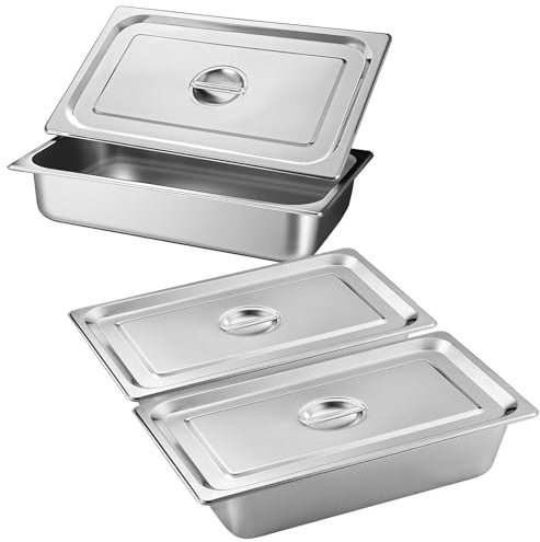 BORDEAG 3 Pezzi Vassoio in Acciaio Inox con Coperchio, Contenitori per Alimenti Inox, Ciotole per Impanare Inox,Vassoio Acciaio Inox, Contenitore Gastronorm (GN 1/3-32,5×17,5×6,5 cm)