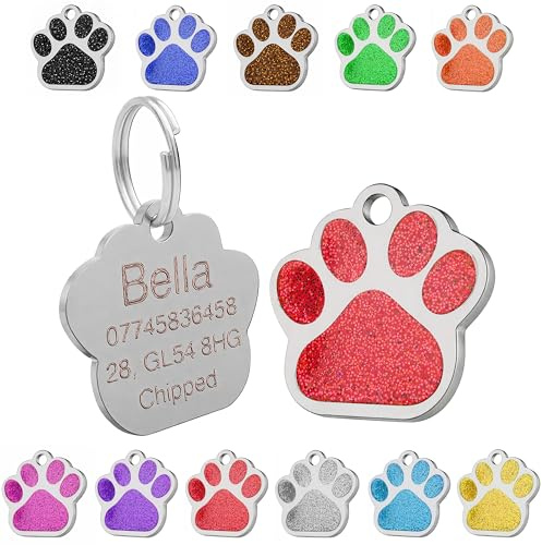 Personalised Engraved Dog Tag | Cat Tag | ID Tag for Pets | Stainless Steel Glitter Paw Print Name Tags 27mm (Red)