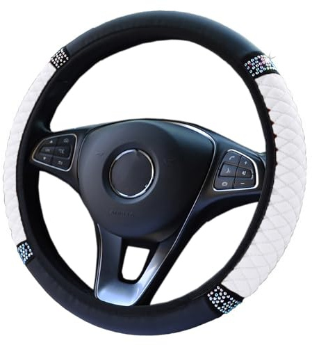 Universal Auto Lenkradbezug, Anti-Rutsch Rhombus PU Leder Kristall Glitzer Bling Bling Auto Lenkradhülle Durchmesser 37–38 cm,Elastischer Lenkrad Abdeckung Lenkradschoner Auto-Dekozubehör,Weiß