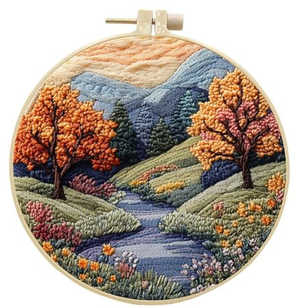 EUBUY Landschafts-Sticksets für Anfänger, Sticksets für Anfänger Erwachsene, Anfänger Stickerei Starter Kit mit Muster, Nadelfaden DIY Stickmaterial Kit