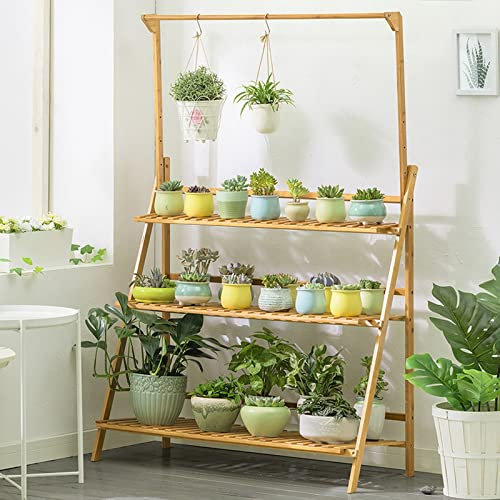 Bambus-Pflanzenständer, 3 Etagen, Leiterregal zum Aufhängen, Garten-Display, faltbares Design, 142 cm Höhe, ideal für die Aufbewahrung von Pflanzen und Blumen