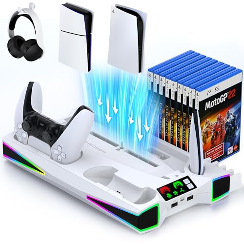 Standfuß für PS5 Pro/PS5/PS5 Slim,5200RPM Kühler Lüfter Starker Wind und Schnelle Wärmeableitung,RGB Ständer für Playstation 5 Pro mit Ladestation/Headset Halter/15 Spiele Aufbewahrung für PS5 Zubehör