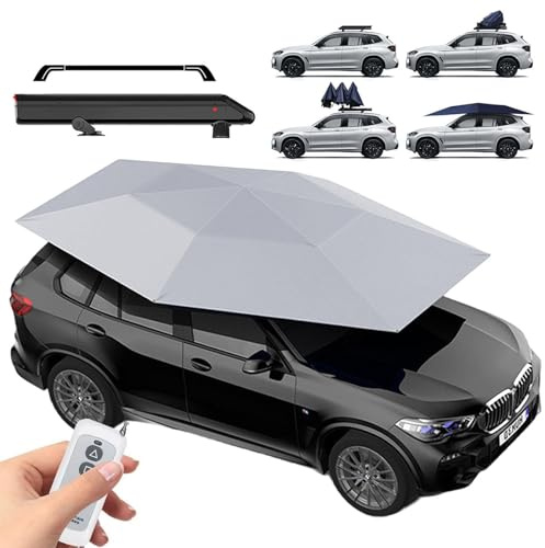 moupeaktain Tente De Voiture Entièrement Automatique, Abri De Voiture Pliable 3.8×2.8M, Tente Parapluie Universelle, Protection Solaire, Parasol De Voiture avec Batterie 5000mah,Silver-WithBar