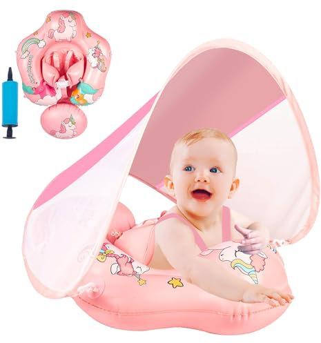 Baby Inflatable Baby Swimming Float Pink Baby Pool Float with Canopy Safety Seat 0-6-12 Months Infant Toddler Newborn Baby Swim Float Swimming Ring for Baby Girl 6-12-36 Months Pink Unicorn