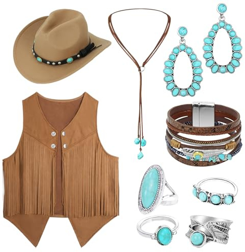 HFZCV 9 Pack Western Outfits for Women Cowgirl Vest Boho Cowboy Hat Jewelry Kit for Halloween Cosplay for Men Hippie Disco Party
