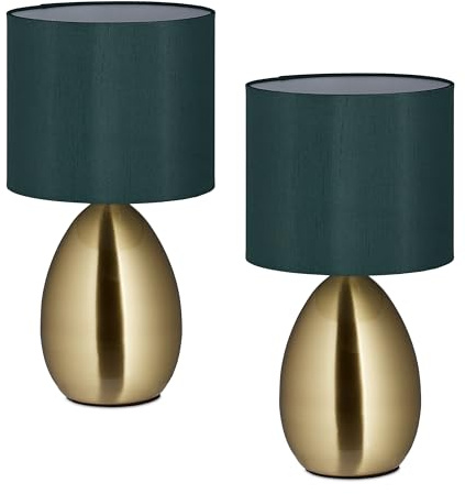Relaxdays Nachttischlampe, 2er Set, mit Schalter, Fensterlampe, 3 Stufen, E14, Tischlampe, HD: 33,5x18 cm, Messing/grün