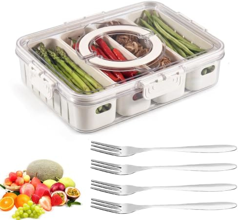 Cjytdkj Snackbox mit 4 Fächern, Snackschale mit Deckel und 4 Edelstahlgabel | Snack Box mit Fächern für Snacks Süßigkeiten Nüsse Obst Gewürze Party Picknick Trips (24×31×7cm)