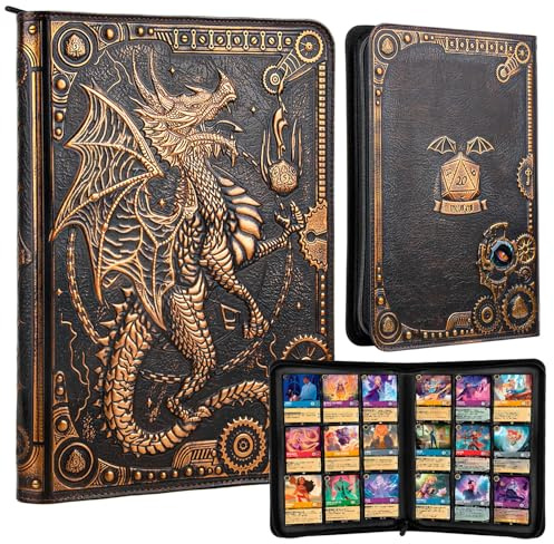 Kartenbinder mit 9 Fächern, Premium-Reißverschluss, Sammelalbum, Sammelalbum, Ordner, 3D-Drache, PU-Leder, 360 Grad doppelseitige Tasche für TCG, MTG, Lorcana, Pokmon, Sportkarten, sichere