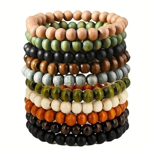 10er Set Holzperlen-Armbänder – elastisch & stapelbar – Farbenmix | Unisex Schmuck für Damen, Herren und Jugendliche – Boho/Festival/Surfer – Freundschaftsarmband Geschenkidee