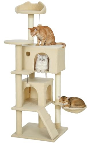 PawHut 140cm Cat Tree for Indoor Use, Multi-Level Cat Tower, Beige | Scratching Posts, Plush Perches & Condos, Large Kitty Activity Centre, Hammock, Ladder, Dangling Balls for Kittens