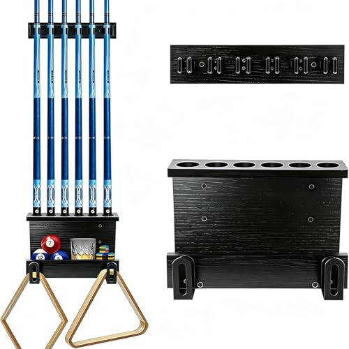 Wandmontierter Billardqueuehalter aus Hartholz für 6 Queues - Platzsparendes Billard Queue Rack als Aufbewahrung für Billardzubehör, rustikaler Billard Queue Halter für Ihr Billardzimmer, Schwarz