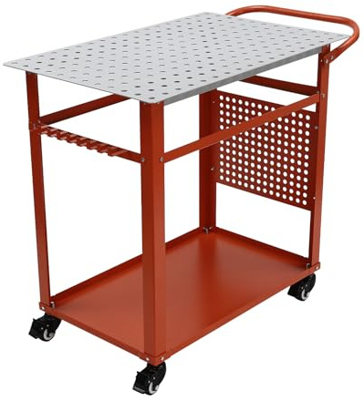 Tavolo per saldatura mobile a 2 ripiani, banco da lavoro con pareti forate, tavolo da lavoro in metallo con sospensione laterale degli attrezzi e 4 ruote universali, carico da 272 kg per garage