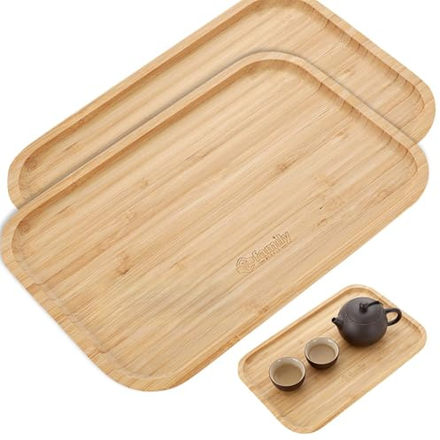 Family Pack 2 Bandeja de Bambú Rectangular 24×36 cm, Ideal para Servir, Cocina y Decoración, Fuende de Bambú para Comedor, Restaurante y Hostelería