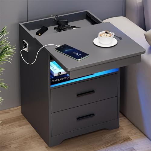TAGELIER Mesita de noche inteligente con función de carga, mesita de noche con compartimento secreto, mesitas de noche LED con iluminación de 3 colores y sensor de movimiento para dormitorio y sala de