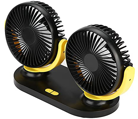 Aumotop Ventilador de Coche de Doble Cabezal, Aire Acondicionado Portátil, USB, Ventilación Refrigerador Automático, 12V, para Funcionamiento Interior del Coche sin Sonido (Negro Amarillo)