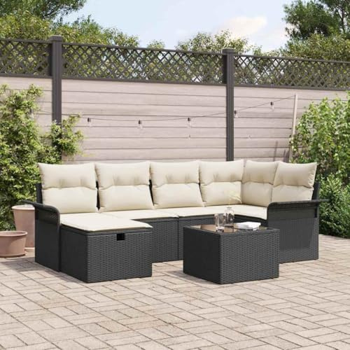 XinZaphrisal Gartensofa-Set 7 Stücke Schwarz Creme Poly-Rattan Sofa Outdoor mit Kissen und höhenverstellbarem Tisch für Terrasse Garten