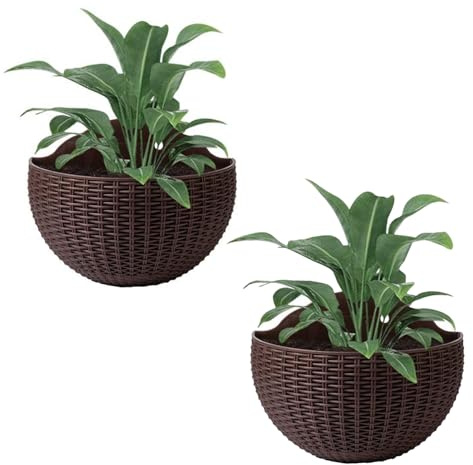 Maceta Colgante Ratán Imitación Semicírculo 2 Piezas, Macetero Pared Exterior Gancho Drenaje, Media Luna Decorativa Para Valla Balcón Plantas Interior, Habitantes Balcones Y Espacios Pequeños