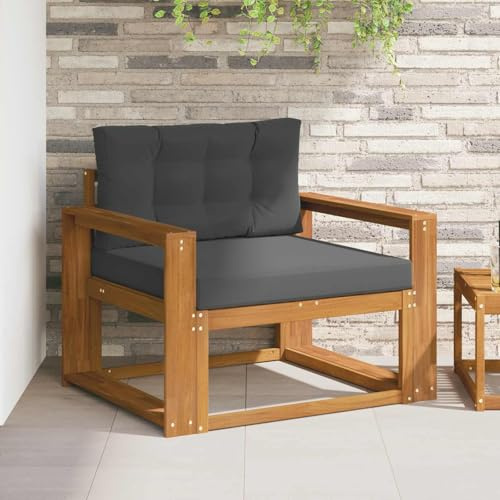 Kaloriko Outdoor Mittelsofa Natur aus massivem Akazienholz, wetterfestes Lounge-Sofa mit grauem Polster, Sitzhöhe 37 cm, modernes Sitz-Element für Balkon, Terrasse, Garten und Außenbereich