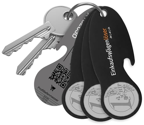 Einkaufswagenlöser Münze Schwarz (3 STK.) – funktionaler Schlüsselanhänger mit Einkaufswagenchip, Flaschenöffner & Profiltiefenmesser – Einkaufschip mit Fundservice