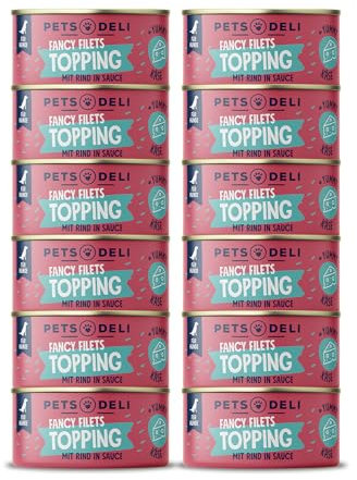 Pets Deli Fancy Filet Topping Rind in Sauce für wählerische Hunde als Ergänzung zum Futter 12x70g