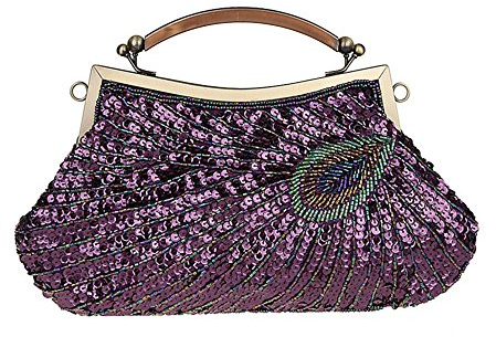 Cheerlife Luxus Glitzer Vintage Damen Clutch Abendtasche Tasche mit Pfauenfeder Motiv Brauttasche Handtasche Pailletten Hochzeit Party Lila