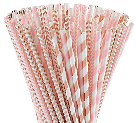 ALINK Biodegradable Rose Gold Pink Paper Straws, 100 Straws for Juice, Cocktail, Smoothies, Party Supplies, Birthday, Wedding, Bridal/Baby Shower Decorations and Holiday Celebrations