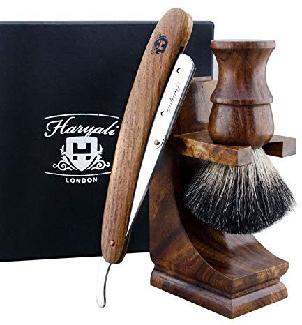 Haryali London Kit de rasage en bois pour homme avec rasoir droit, brosse à cheveux blaireau noire et support en bois Idéal cadeau de Noël pour homme
