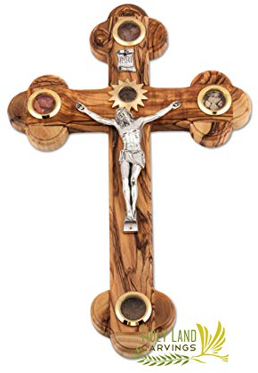 Wandkreuz aus Olivenholz – Heiliges Land Kreuz 5 Gläser geschmückt mit Blumen, Steinen, Olivenblättern und Weihrauch aus dem Heiligen Land (27,9 x 18,3 cm)