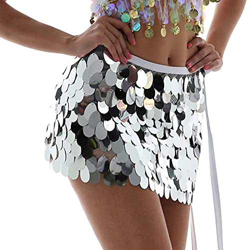 Sttiafay Bauchtanz Hüftrock über dem Knie Pailletten Meerjungfrau Hüftschal Wrap Rave Karneval Kostüm für Damen, silber, Einheitsgröße