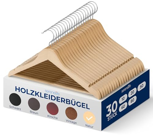 SereneLife Wood Hangers - Space Saving Heavy Duty Slim Suit Clothes Hanger Set with 360 Degree Swivel Metal Hook, Can Hold Up to 10 Lbs. for Coats, Jackets, Pants & Dress (30 Pieces)