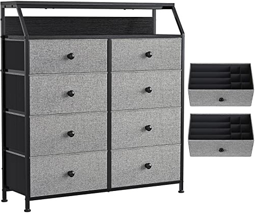 REAHOME 8 Drawer Steel Frame Wood Top Storage Organizer Dresser for Closet, Living Room, and Entryway with 2 Additional Drawer Organizers, Light Grey
