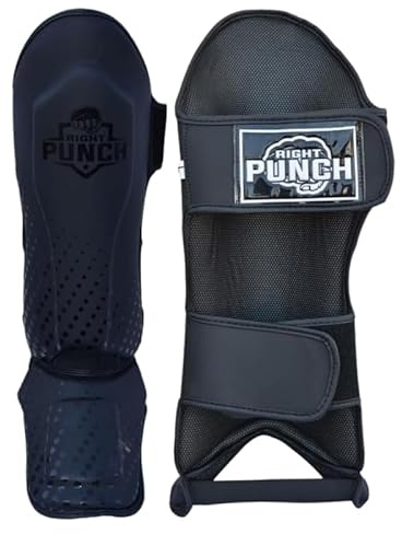Right Punch Shin Guards Kickboxing Leg Pads with Instep Protection, Muay Thai MMA Martial Arts Kicking Sparring Training Gear – Full Black (Large)