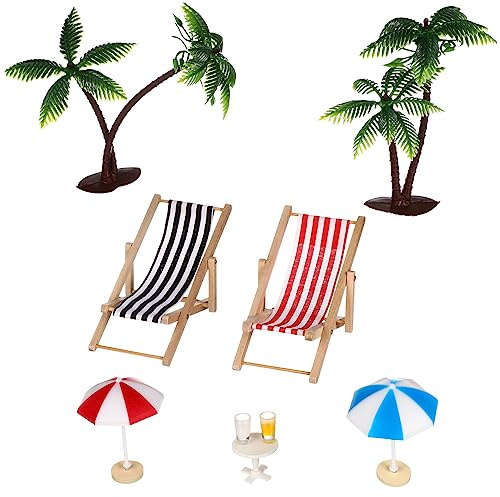 TOYANDONA 9 Stück Miniatur-Stranddeko Set: Sommer Deko mit Palmen, Sonnenschirme, Liegestühle, Getränke & Runder - Strand Mikrolandschaft für Puppenhaus, DIY-Garten, Puppenhaus Und Sandkasten