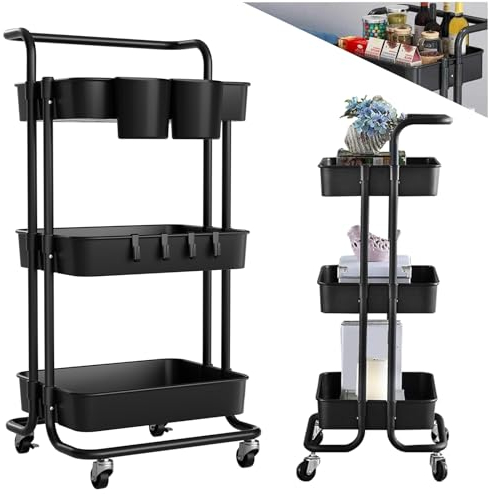 Allyson Rollwagen mit 3 Ebenen, Schmales Nischenregal mit 360° Rädern, Servierwagen mit Rollen inkl. Hängekörbe und Haken, Reinigungswagen mit Hängenden Bechern, Putzmittel Organizer für Küche und Bad