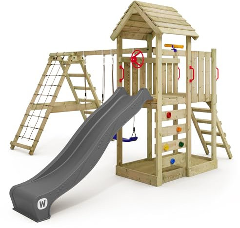 WICKEY Spielturm Klettergerüst RocketFlyer mit Schaukel & Rutsche, Outdoor Kinder Kletterturm mit Sandkasten, Leiter & Spiel-Zubehör für den Garten (Anthrazit)