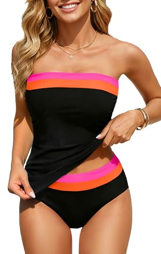 Daci Black Pink Color Block Bandeau Tankini Swimsuits for Women - Two Piece Ruched Tummy Control Bathing Suit Strapless Swimwear with Bottom L