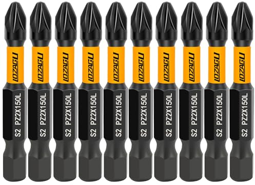 LOZAGU 10-Piece PZ2 50mm Bits, Yellow, PZ2 Magnetic Impact Bits Set with Storage Box