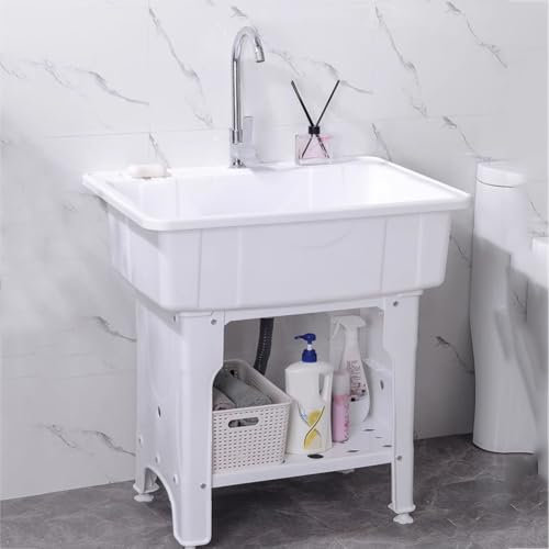 Lavandino in plastica PP con lavabo, autoportante, vasca da bagno con scolapiatti e piedini regolabili, capacità di carico 200 kg, per lavanderia e garage