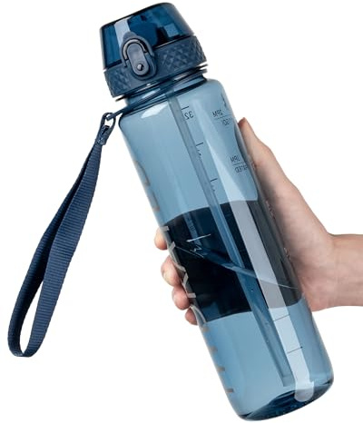 OLDLEY 1L Sports Water Bottle with Straw, Tritan 1 Litre Motivational Drink Bottle, BPA Free Leakproof Transparent Water Bottle with Time Marker for Cycling, School, Gym, Outdoor (Navy Blue)