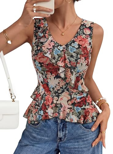 ZESICA Women‘s 2026 Summer Sleeveless V Neck Floral Ruffle Tops Casual Mesh Going Out Shirts Blouse Fashion Clothes Black X-Large