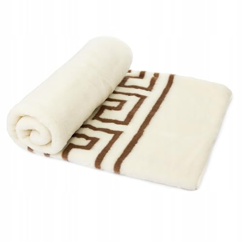 Wool & Home Merino Wolldecke 140x200 cm – Kuscheldecke aus 100% Merinowolle, Cremefarbene Decke mit Brauner Griechischer Mäander-Bordüre – Gewicht 500 g/m² – Atmungsaktiv und Langlebig