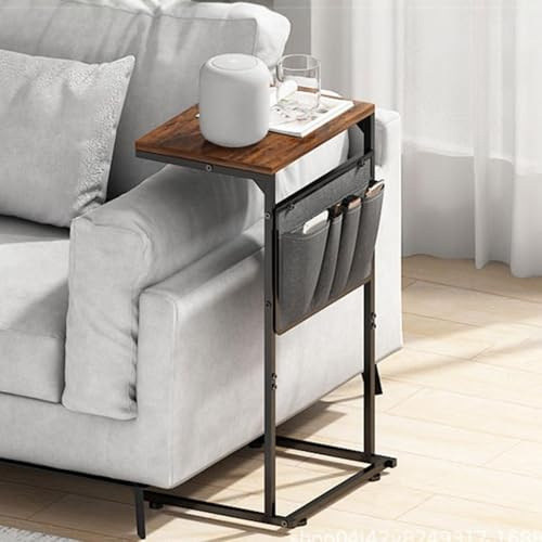 ZIUSFAC C-format Sidobord 28'' Högt Sidobord För Soffa Litet TV-brickbord Med Förvaringsväska Snackbord Industriellt Överbäddsbord Brunt