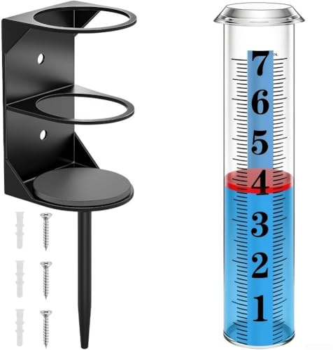 GLFLOW Pluviomètre d'extérieur avec support en métal, mesure précise des précipitations pour jardin, pelouse, cour, construction en plastique transparent épais et en fonte