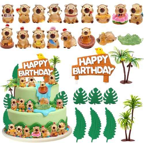 26Pcs Capybara Cake Topper Set - Cute Birthday Decorations with Jungle Theme for Cakes, Cupcakes & Parties