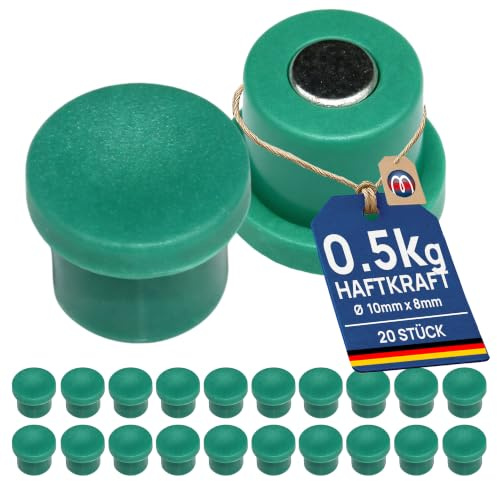 20 x Pinnwandmagnete Neodym Magnet-Pins - Ø 10 mm x 8 mm - GRÜN - Haftkraft 0,5kg - Farbige Büromagnete Memomagnete Officemagnete Haftmagnete